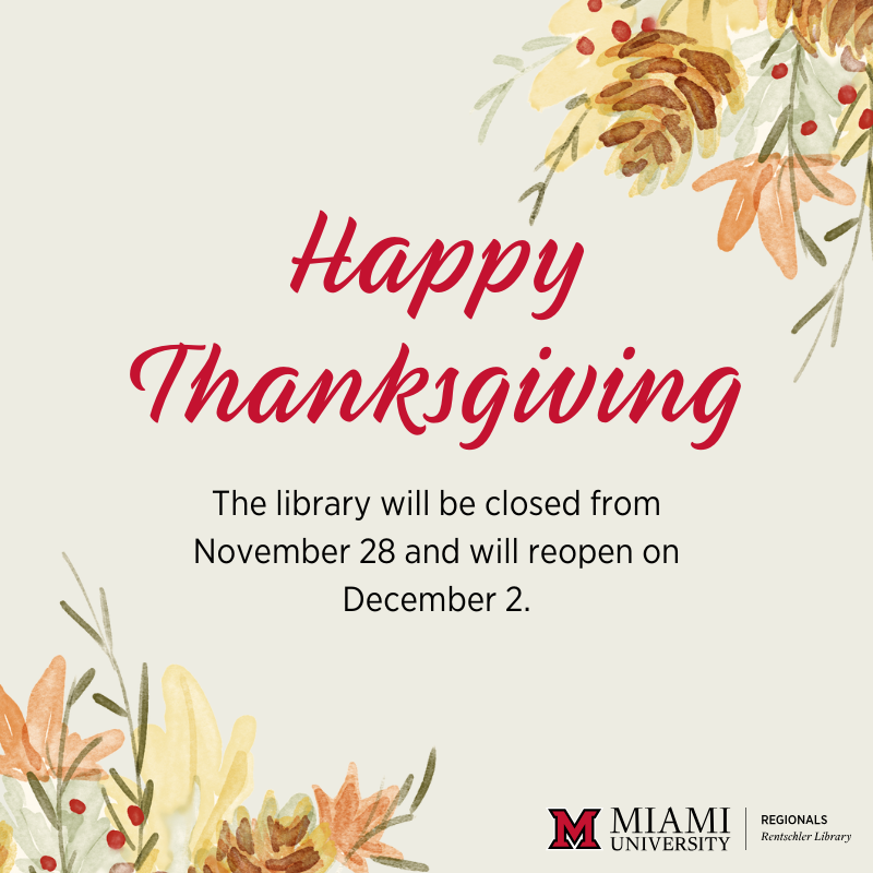 muhlibrary's tweet photo. Thanksgiving break starts Wednesday! While classes are paused, the campus and library are open until 5 p.m. that day. Afterward, we'll be closed for the holiday and back on December 2nd with regular hours. Enjoy your break! https://t.co/4hrYlcCkTh
