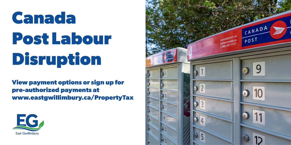 townofeg's tweet photo. ATTENTION #EG! 📢 We are actively monitoring the Canada Post Labour disruption. Please note that property owners and tenants are still responsible for making property tax and water and wastewater payments on time. 

The next water bill due date is Friday, November 29. If you have not received your most recent bill, please contact the Town’s customer service department via phone or email waterbilling@eastgwillimbury.ca. 
The Town offers many payments alternatives like:

➡️Sign up for e-billing or use our online payment portal (a service fee applies) - easy, safe, accessible!
➡️Pay through your bank by internet, telephone or teller
➡️Place a current or postdated cheque in the drop-box at 19000 Leslie Street, Sharon (available after hours)
➡️Pay in person with cash, cheque or debit at 19000 Leslie Street, Sharon or Sports Complex (1914B Mount Albert Road)

Learn more at https://t.co/nYRWMSJzOX.

We will continue to update residents as the disruption continues through social channels and the Town’s website.