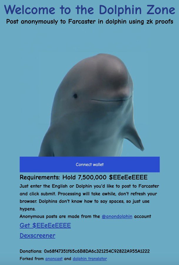 cutesycutee's tweet photo. 2M yesterday, now 4M. ๐ค๐ฌ
Base memecoins >>
0x00ddE4d2F08497bcEC6F5E0666F63e14B3a1Dab9
If you own #EEeEeEEEE, you can post anonymously in Dolphin on Farcaster
And Decrypt Dolphin with 7.5M ๐ฌ https://t.co/EQvgMq3sWn