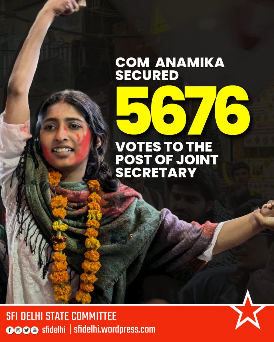SfiDelhi's tweet photo. Anamika K has won the support of thousands of students, receiving around 6000 votes. Each of these votes is a mandate in favour of an alternative politics to the casteist, communal &amp; patriarchal politics of #DUSU. DU students have given the call: SFI is the choice of all!
#DUSU https://t.co/7U81Ce91AH