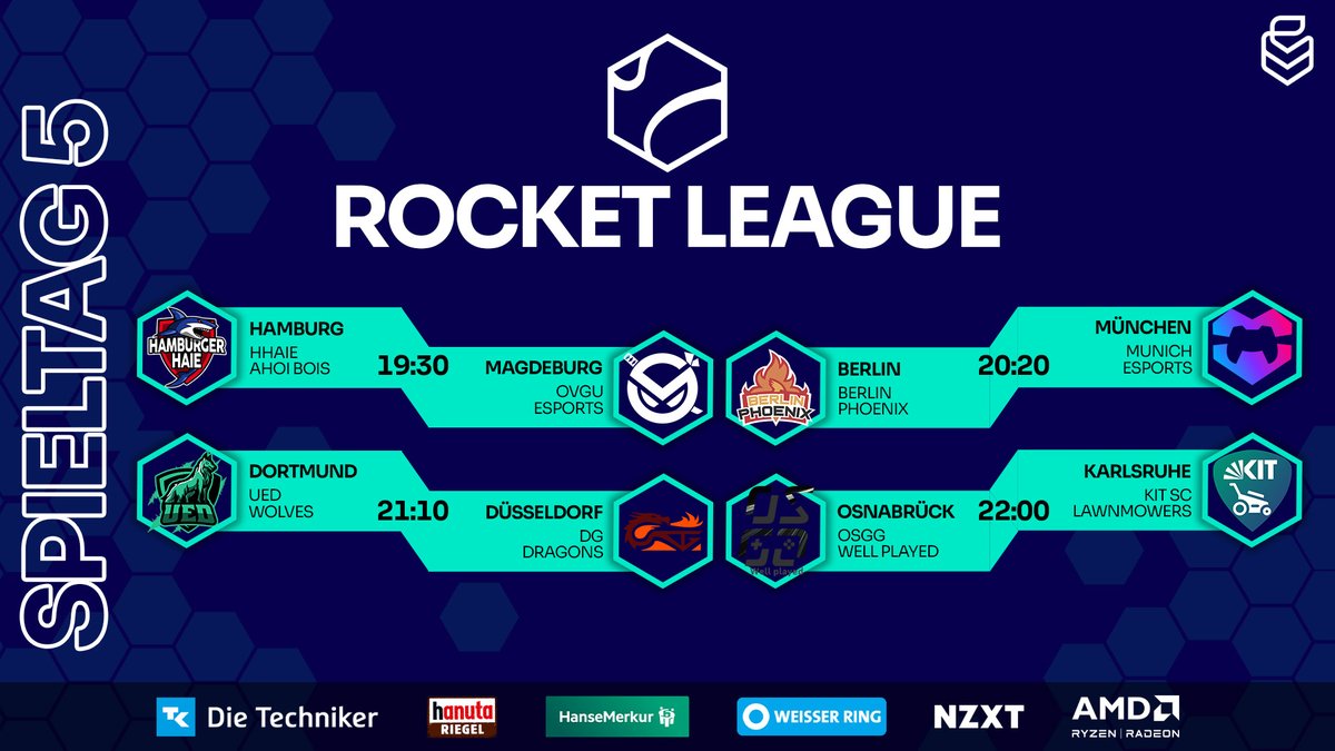 🚨5. Spieltag in Rocket League🚨

📺️twitch.tv/uniliga

⚔️<a href="/HamburgerHaie/">Hamburger Haie</a> vs. <a href="/ovguesports/">OVGU Esports</a>
⚔️<a href="/BerlinPhoenixRL/">Berlin Phoenix</a> vs. <a href="/munich_esports/">Munich eSports e.V.</a>
⚔️<a href="/UEDortmund/">Uni eSports Dortmund</a> vs. <a href="/ddorf_gaming/">Düsseldorf Gaming</a>
⚔️<a href="/osna_gaming/">Osnabrück Gaming e.V.</a> vs. <a href="/kitscesports/">KIT SC eSports</a>

🎬️<a href="/Smudi97/">Smudi</a>
🎙️<a href="/InviSan_Pubg/">InviSan Casts</a>, <a href="/Mr_SquiddyRL/">Mr. Squiddy</a>, <a href="/MachtFisch/">Georg 'MachtFISCH' L.</a> &amp; <a href="/WindgraceRL/">Windgrace</a>