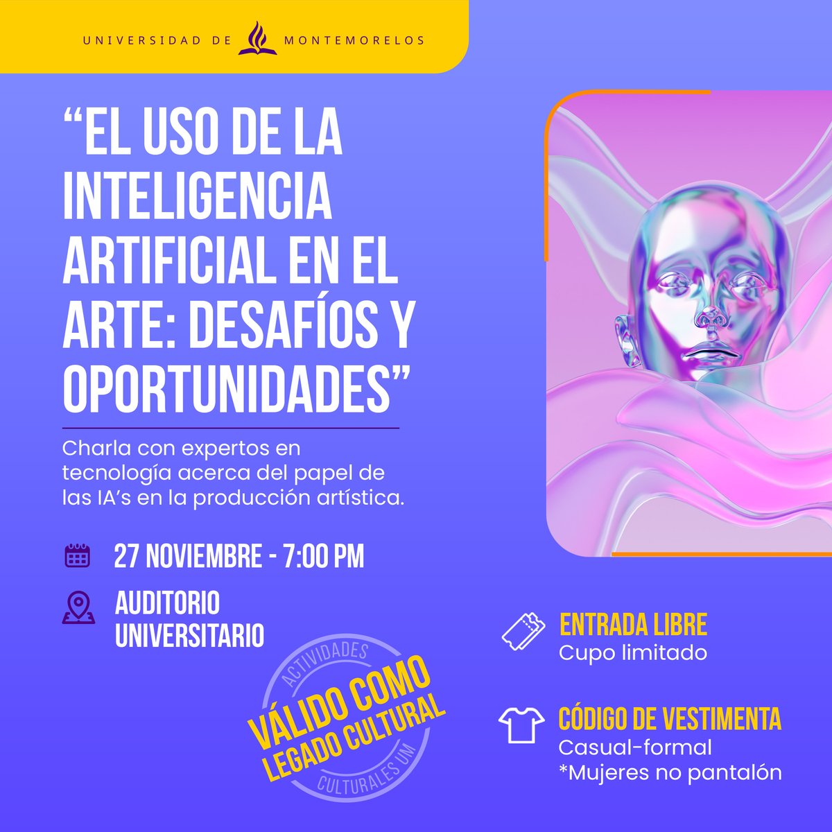 UniMontemorelos's tweet image. 🔔 #LegadoCultural
&quot;EL USO DE LA INTELIGENCIA ARTIFICIAL EN EL #ARTE: DESAFÍOS Y OPORTUNIDADES&quot;

Charla con expertos en #tecnología sobre el papel de las lA&apos;s en la producción artística.

🗓️ 27 de nov.
🕰️ 7:00 PM
📍Auditorio Universitario

#umsumando #inteligenciaartificial #IA