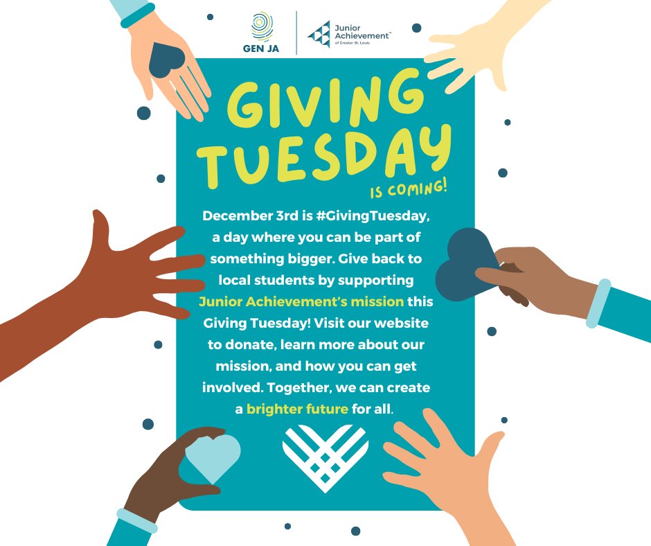 JA_STL's tweet photo. Countdown to #GivingTuesday!
You can join us in making a difference, your support helps us empower young people to succeed. 
To send a gift now visit https://t.co/8fi26QIo42.

Together, we can build the foundation to create a brighter future! 

#GiveBack #ItTakesYou #GenJA https://t.co/X0Y0EAP8eN
