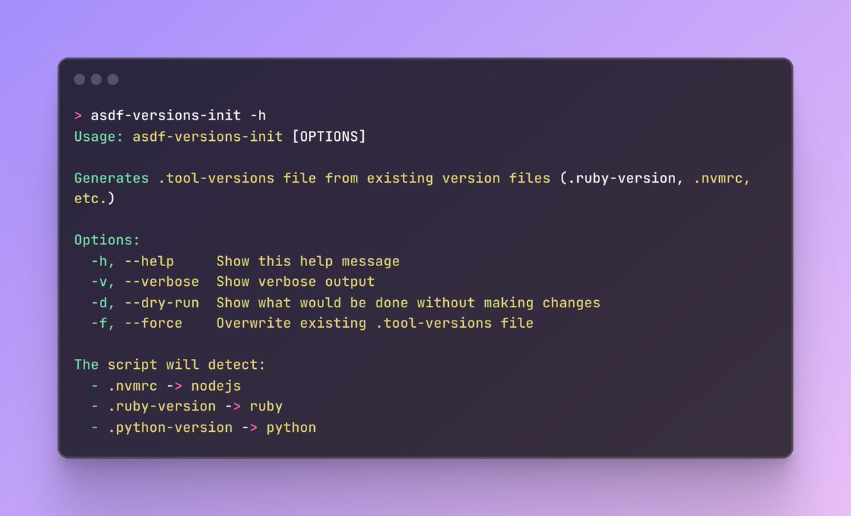 Just released asdf-versions-init - a tiny utility for #asdf version manager that converts your legacy version files (.ruby-version, .nvmrc) into .tool-versions

github.com/hoblin/asdf-ve…