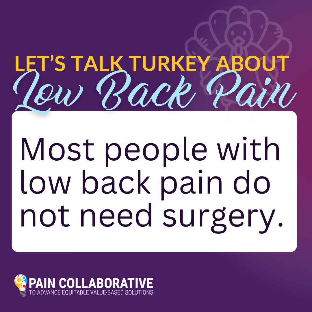 Let's #TalkTurkeyAboutLowBackPain!  A common belief is that surgery is the best fix for back pain. In reality, most #LowBackPain improves with non-surgical approaches.

Please keep mind that some symptoms do require that you talk to your doctor. #LowBackPainRealities