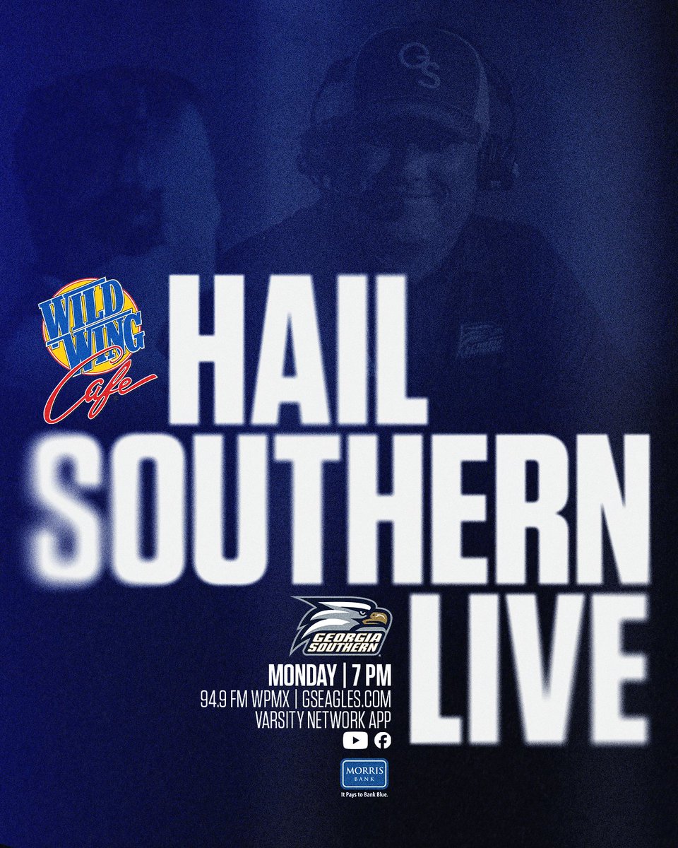 Join us for Hail Southern Live, 7-8 pm from <a href="/WildWingBoro/">Wild Wing Cafe</a> with <a href="/GSAthCompliance/">GS Compliance</a>'s
<a href="/MattMVarnadoe/">Matt Varnadoe</a>, <a href="/GSAthletics_FB/">Georgia Southern Football</a>'s <a href="/GSCoachHelton/">Clay Helton</a> &amp; @The_Reid_Dedman! 

Audio🎙️bit.ly/4fZiI5Y
Watch on <a href="/GSAthletics/">Georgia Southern Athletics</a> Facebook/YouTube Live   

#GATA <a href="/Learfield/">LEARFIELD</a> <a href="/morrisbankga/">Morris Bank</a>