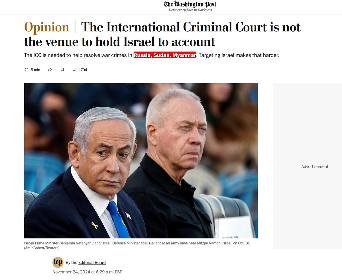 The editorial board of the Washington Post (which is the personal property of billionaire oligarch Jeff Bezos) say the quiet part loud:

The International Criminal Court (ICC) only exists to prosecute officials from the Global South and Russia, not genocidal Western colonialists.