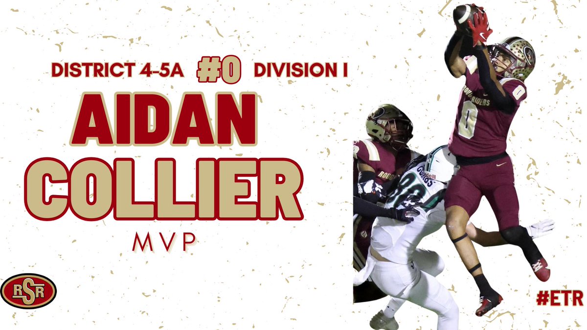 Congratulations to the best player out of District 4-5A Div. I, Aidan Collier- District MVP!

▫️42 recs
▫️947 yds (22.5 avg)
▫️18 TDs
▫️1200 all purpose yds
▫️32 tackles (19 solo)
▫️2 ints
▫️8 PBUs
▫️2 FF
▫️14 XPM
▫️2 FGM

#ETR
