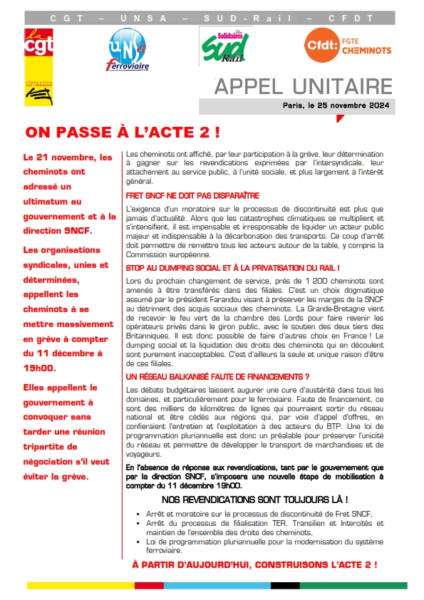 🟢 Nouveau communiqué #unitaire dans le ferroviaire : on passe à l'acte 2🔴

🔵 Les fédérations, unies et déterminées, appellent les cheminot·es à se mettre massivement en #grève à compter du #11décembre à 19h00🟠

💯Le #gouvernement et <a href="/GroupeSNCF/">Groupe SNCF</a> doivent ouvrir rapidement des