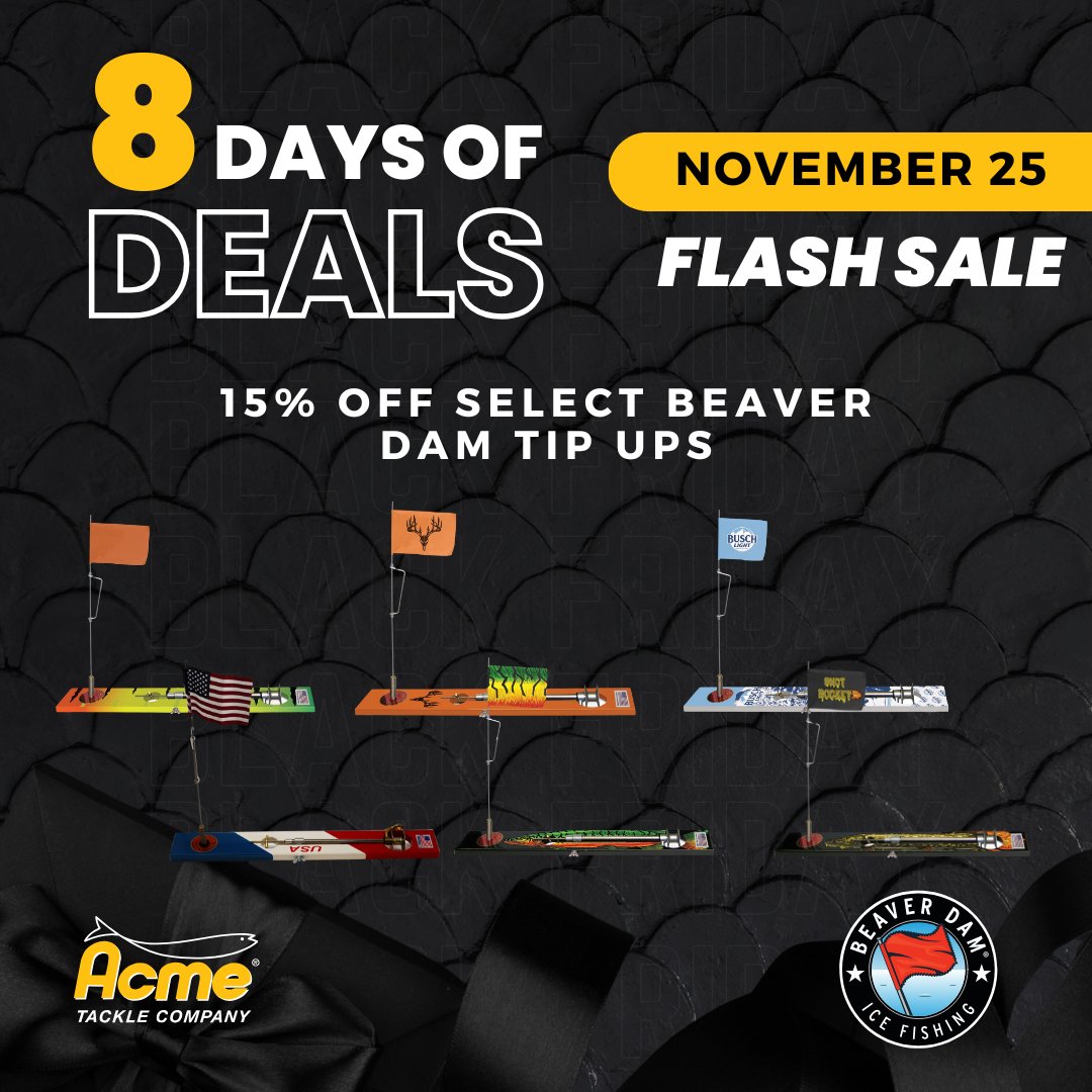 AcmeTackle's tweet photo. We're launching into Black Friday with exclusive discounts and savings!
TODAY ONLY get 15% off select Beaver Dam Tip-Ups!
Flash Sale valid Monday November 25th 12:00am - 11:59pm CST or while supplies last.
https://t.co/vsURSjDlrh
#beaverdamfishing #tipupicefishing #icefishing https://t.co/5jaHm8hx15
