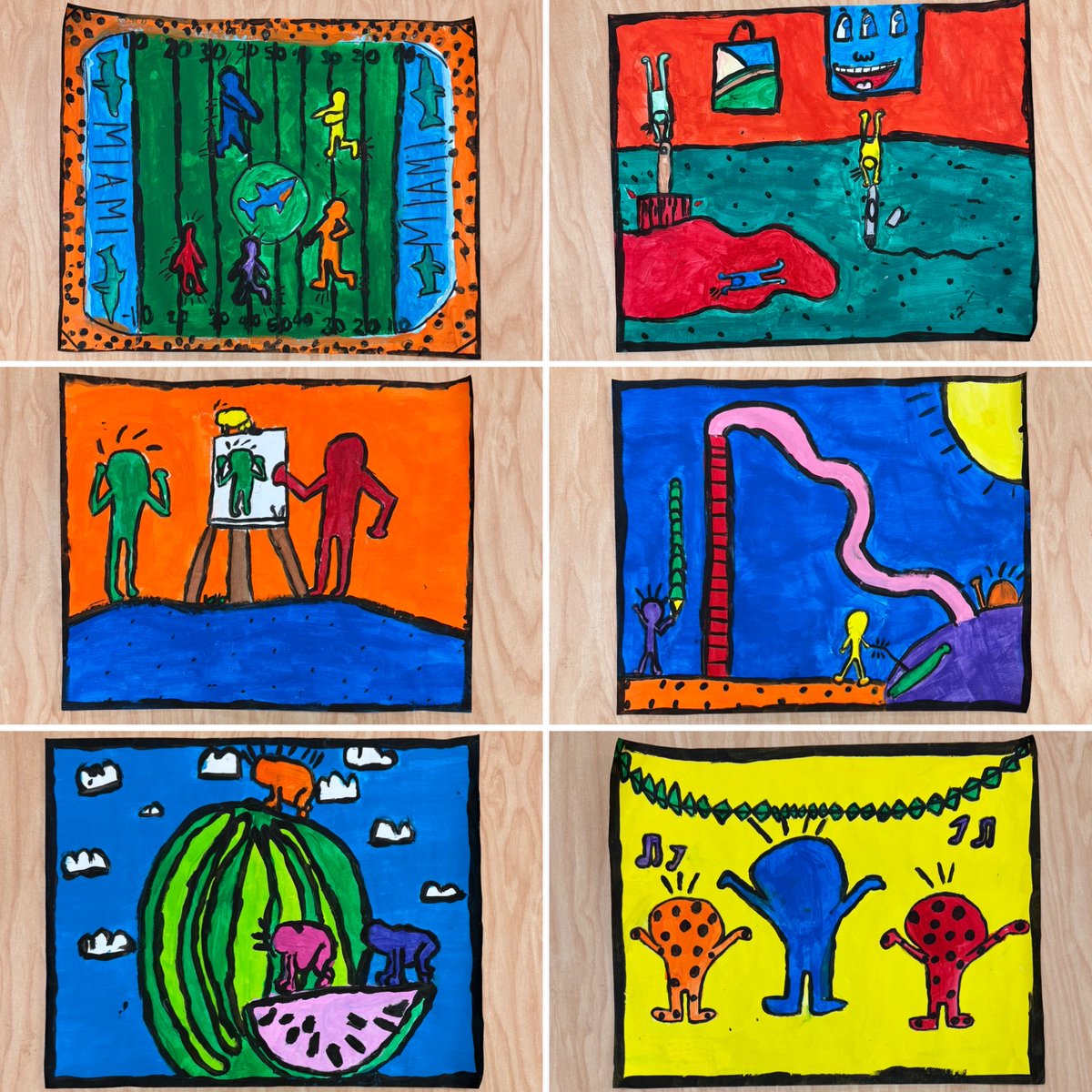 d97schmidt's tweet photo. 3rd graders channeled Keith Haring’s energy into their own bold creations! Using simplified figures, they captured movement, emotion, and storytelling. Every piece radiates personality and style!  #KeithHaring #MannSchool #OakPark97 https://t.co/Fd5ywbfakW