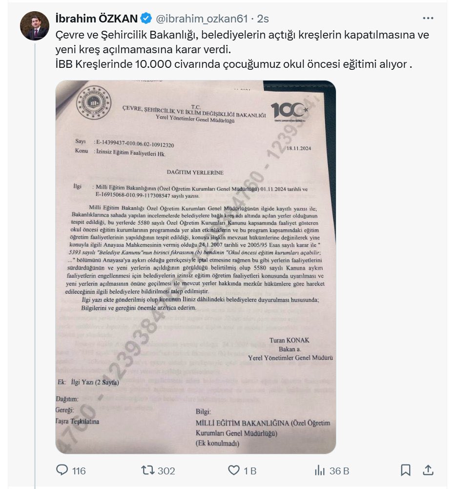 ❌ Çevre, Şehircilik ve İklim Değişikliği Bakanlığı ile MEB’in belediyelerin kreşlerini kapatmak istediği iddia edildi.

✅ Genelgeler kreşlerle ilgili değildir, belediyeler kreş açmaya devam edebiliyor. İddia yalandır.