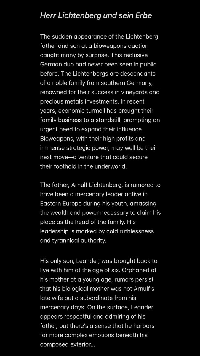 UUchipmunk's tweet image. Coming up in my fanfic soon: Krauser & KK go undercover as a German mafia father-son duo to infiltrate a B.O.W auction. No Leon in this scene, but it’s *100% metaltango*—KK is their kid, after all :P. Their fake profile is in P4 #kreon #metaltango #JackKrauser