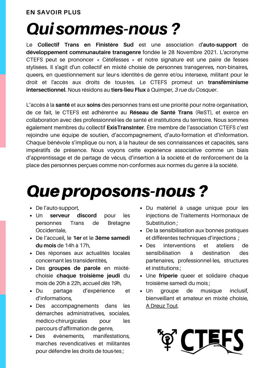 CTEFSquimper's tweet photo. Notre association n’est plus active sur X, nous dénonçons les politiques de la plateforme. Rendez-vous en physique, sur facebook/instagram, ou par mail à ctefsquimper@riseup.net.
À très vite, 🏳️‍⚧️ ! https://t.co/fDB9O1g7Ft