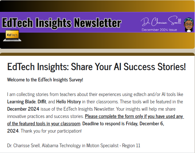 Dr. Charisse Snell (@atim_troyu) on Twitter photo 📢 Calling all educators! Share your success stories! Your insights can inspire others! Complete the survey by Friday, December 6, 2024. docs.google.com/forms/d/e/1FAI…
<a href="/ATIMPD02/">ATIMPD!</a> <a href="/ALSDEEdTech/">ALSDE Educational Technology</a> <a href="/TeachwithALEX/">Alabama Learning Exchange 🍎 ALEX</a> <a href="/LearningBlade/">Learning Blade</a> <a href="/DiffitApp/">Diffit</a> <a href="/HelloHistoryAI/">Hello History</a> 📢 Calling all educators! Share your success stories! Your insights can inspire others! Complete the survey by Friday, December 6, 2024. docs.google.com/forms/d/e/1FAI…
<a href="/ATIMPD02/">ATIMPD!</a> <a href="/ALSDEEdTech/">ALSDE Educational Technology</a> <a href="/TeachwithALEX/">Alabama Learning Exchange 🍎 ALEX</a> <a href="/LearningBlade/">Learning Blade</a> <a href="/DiffitApp/">Diffit</a> <a href="/HelloHistoryAI/">Hello History</a>