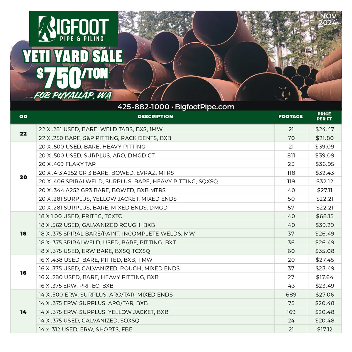 buckmag's tweet photo. Yeti Yard Sale! At least 50% Off New Pricing. $750/ton
Start an order today! Call @bigfootpipe at 425-882-1000. Ask for Luke.
#PileBuck #BigfootPipe #steelpipe #steelpiling #pipeyard https://t.co/aDL9hFsLs1