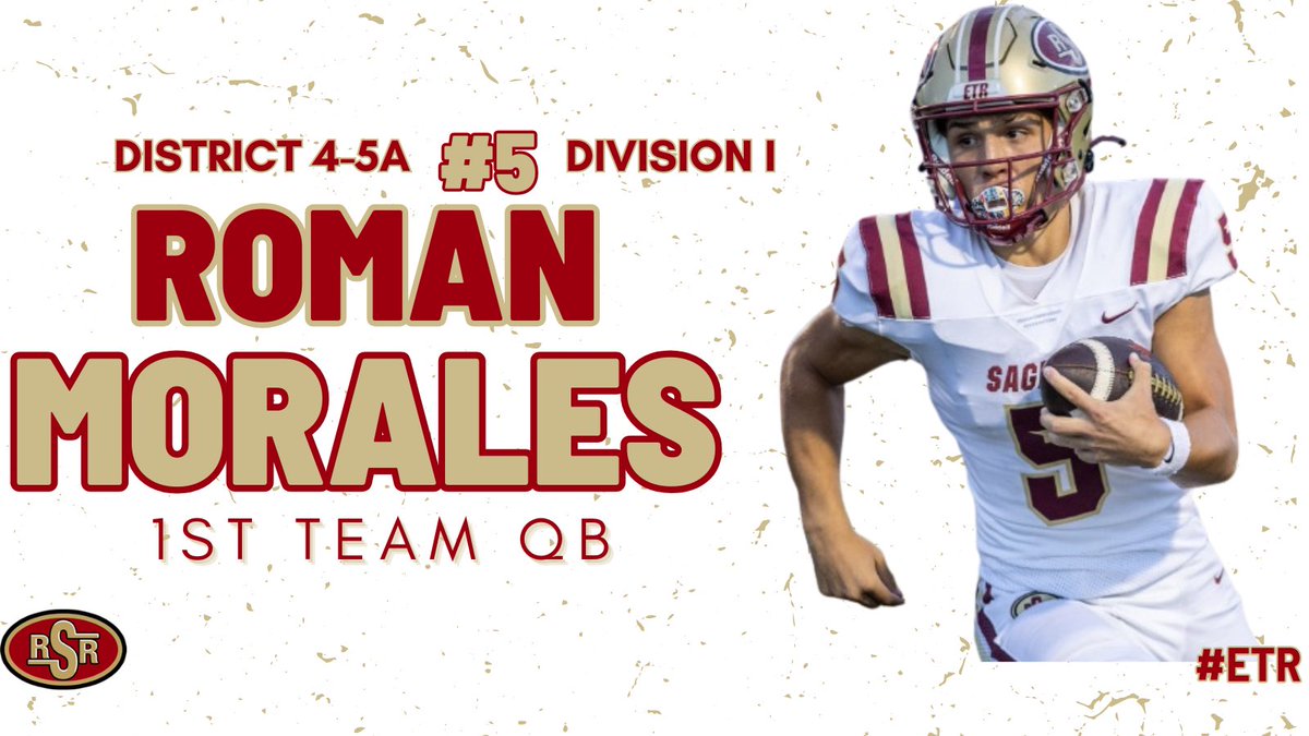 Congratulations to 1st Team All-District 4-5A Div. I QB, Roman Morales!

▫️127-201 (63% CMP)
▫️2374 pass yds
▫️30 pass TDs
▫️719 rush yds (5.3 avg)
▫️12 rush tds
▫️3093 total yds
▫️42 total tds

<a href="/romanmorales318/">Roman Morales</a> 

#ETR