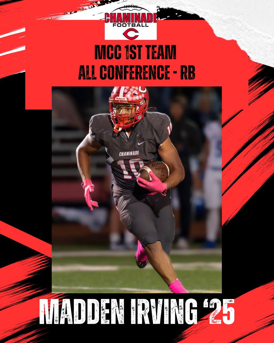 Congrats to <a href="/ccpfootballteam/">Chaminade Football</a> 3.7 gpa sr RB <a href="/Maddenlrving/">Madden Irving</a> earning 1st team All MCC RB for 3rd consecutive season. He led the conf.  in rushing yards &amp; TD’s &amp; broke a school single game TD record vs state runner ups. 4322 career rushing yds 42 TD’s, 3rd in school history. #EstoVir