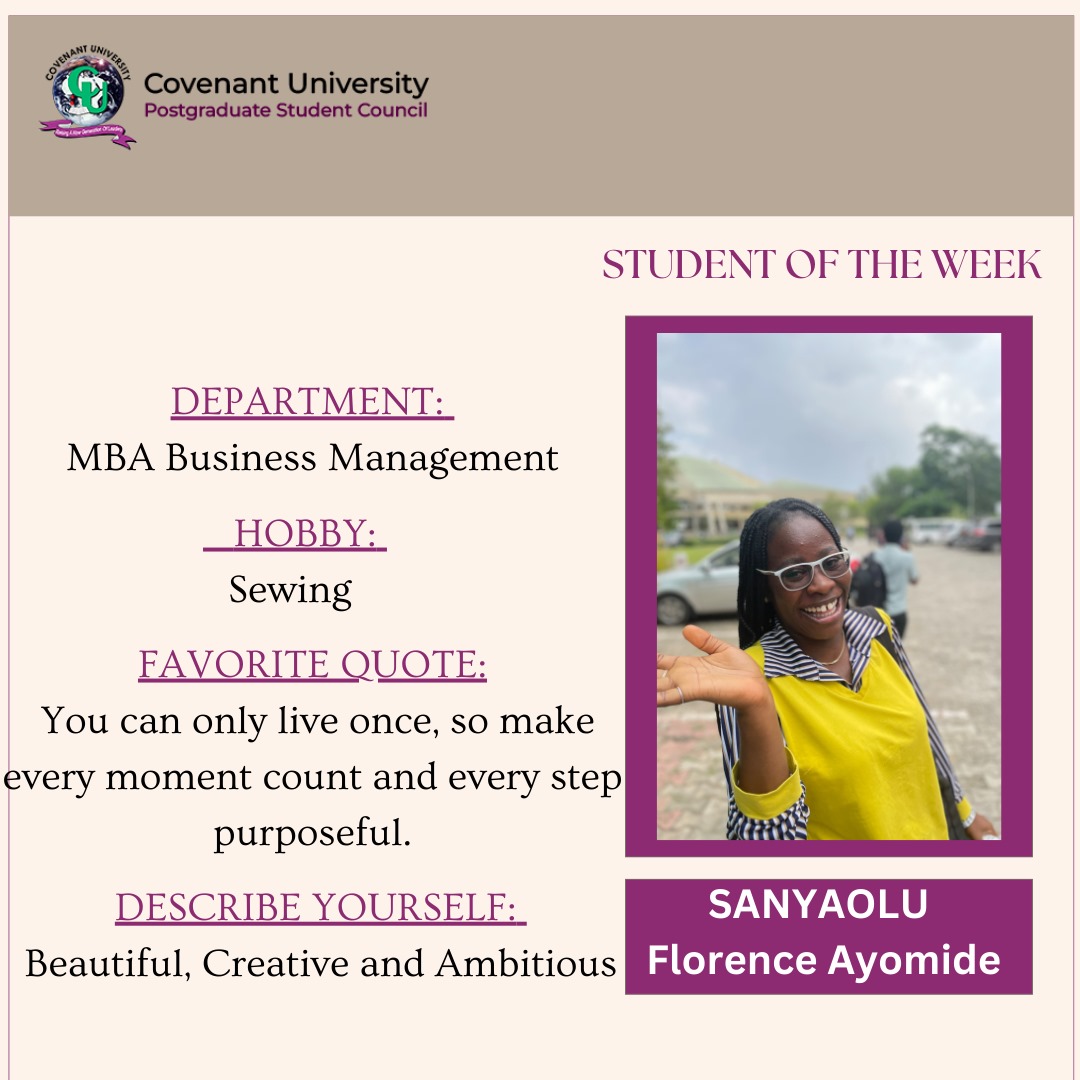 cupostgrad's tweet photo. "🌟 Student of the Week! 🌟
Highlighting outstanding representatives from our diverse departments. Stay tuned for more! #StudentOfTheWeek #ShowcasingExcellence #covenantuniversity #education" https://t.co/TLEhPaBfz2