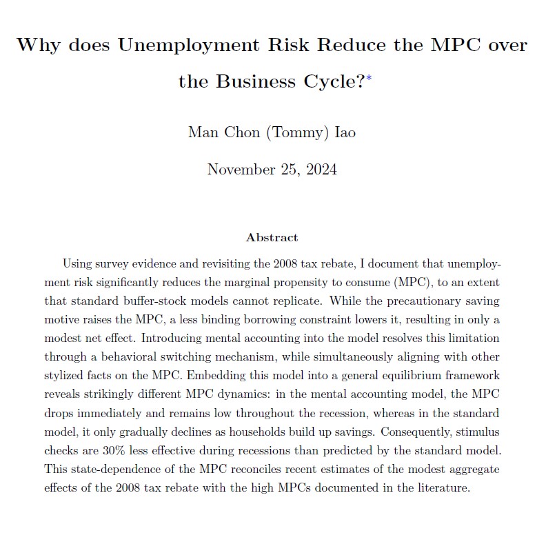 1/ Are stimulus checks effective in stimulating the economy during recessions?

In my JMP, I find the answer is NO.

Why? Heightened unemployment risk lowers the marginal propensity to consume (MPC). 🧵👇

#EconTwitter #Econjobmarket