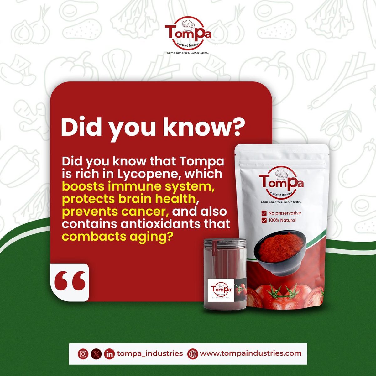 Tompa_industry's tweet photo. Tompa is more than just a tomato substitute, it is a health-conscious recipe, carefully crafted with our consumers’ well-being in mind.Grab yours today and experience the perfect blend of flavor and health benefits! 🍅🌿
#tompa #healthyfood https://t.co/JABRzg5KU2