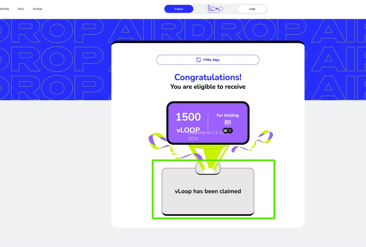 iLoop 主网已上线了，现在可以领取他的vloop空投。 https://t.co/cW1YGdmuDy 有相关质押资产的都有资格。  目前循环产量是Solana 上最佳的，并且已经与