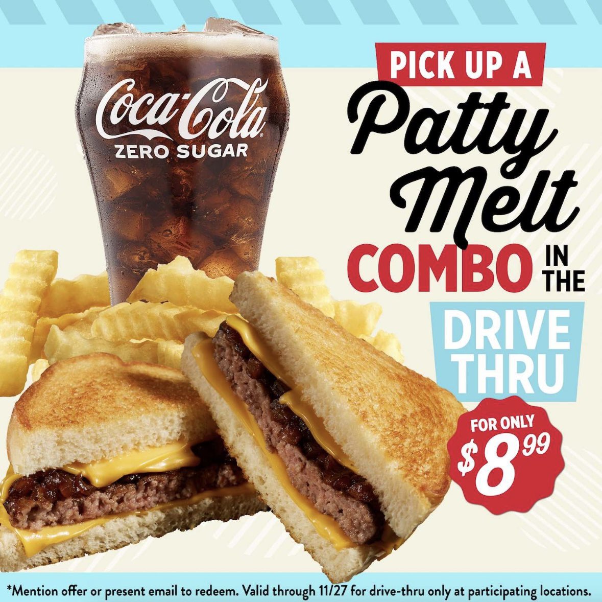 FrischsBigBoy's tweet photo. Lunch plans? We’ve you covered!🥗 Grab our Patty Melt deal for just $8.99 - Only until 11/27!😋 

*Mention offer to redeem. Patty Melt &amp; Salad Bar available for dine-in only. Patty Melt Combo available for drive-thru only. Valid at participating locations through 11/27. https://t.co/ePHOop3dNE