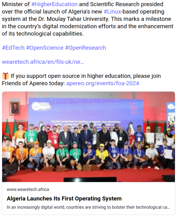 #OSS in #HigherEd 

More on this from Moulay Tahar University and other developments in #OpenSource and #Linux via our #Mastodon account at social.fossdle.org/@apereo/113544….

Also, please join Friends of #Apereo to help our work in and with open source #EdTech : apereo.org/events/foa-2024.