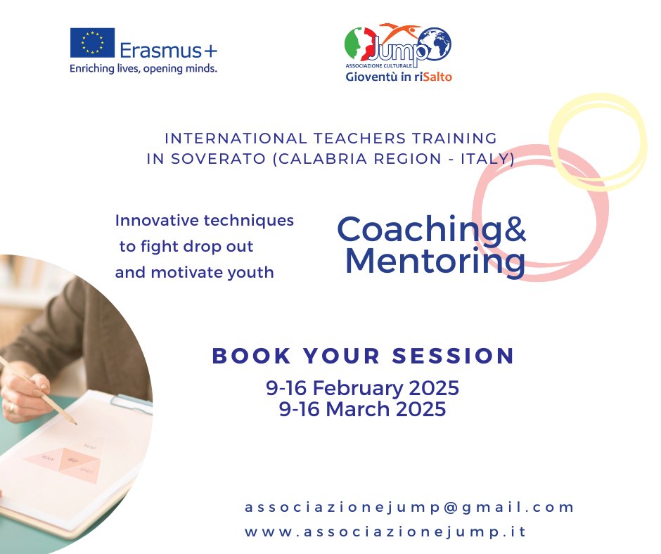 AssoJUMP's tweet photo. Erasmus Plus Courses by JUMP ACADEMY Professional Training in Soverato, Calabria - ITALY
COACHING &amp; MENTORING - Innovative technics for teachers, mentors and educators to fight dropout and motivate youth

https://t.co/zzGYGMxExc
associazionejump@gmail.com

#erasmusplus #training https://t.co/dVwh5TpPSH