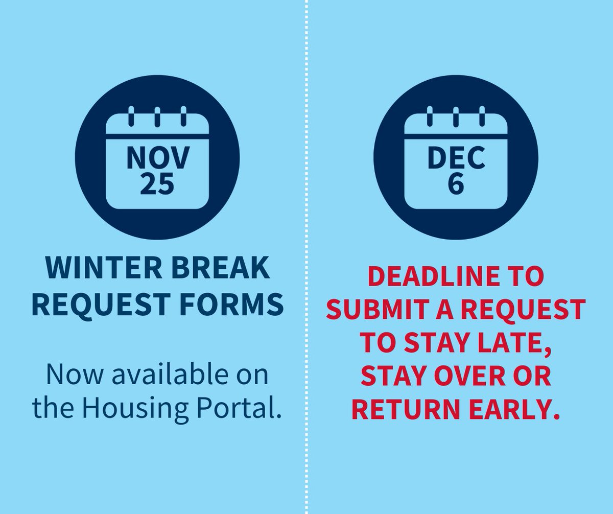 Winter Break request forms are now available on the Housing Portal.

Deadline to request to stay late, stay over or return early is December 6.

All requests are reviewed by staff. Residents will be notified via email of their request status.

usi.edu/housing/winter…