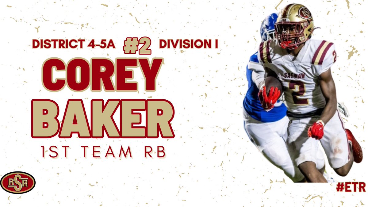 Congratulations to 1st Team All-District 4-5A Div. I RB, Corey Baker!

▫️136 carries
▫️883 rush yds (6.5 avg)
▫️4 rush tds
▫️25 recs
▫️304 rec yds
▫️3 rec tds
▫️1190 all purpose yds
▫️7 total tds

#ETR