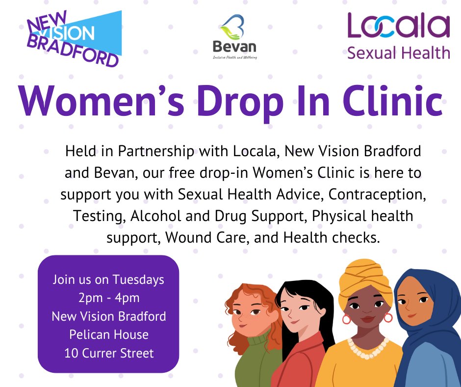 New Vision Bradford (@newvisionbrad) on Twitter photo The Women’s Drop in Clinic is today 😀In partnership with <a href="/Locala_Safesex/">Locala Sexual Health</a> and <a href="/WeAreBevan/">Bevan Community Benefit Society</a> it offers
🔵 Physical Health Checks
🟣 Alcohol and Drug support
🔵 Sexual Health Advice
It is a free and confidential service, simply drop into the clinic at Pelican House, 2pm- 4pm 😀 The Women’s Drop in Clinic is today 😀In partnership with <a href="/Locala_Safesex/">Locala Sexual Health</a> and <a href="/WeAreBevan/">Bevan Community Benefit Society</a> it offers
🔵 Physical Health Checks
🟣 Alcohol and Drug support
🔵 Sexual Health Advice
It is a free and confidential service, simply drop into the clinic at Pelican House, 2pm- 4pm 😀
