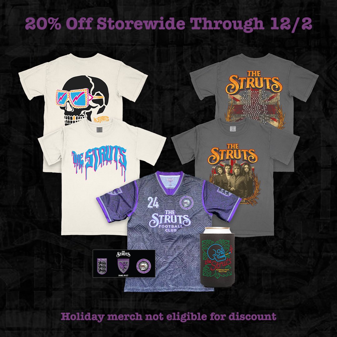 Happy Holidays from The Struts! We have some brand-new merch in our store including a “Can’t Stop Talking” 7” Vinyl available for pre-order as well as a new line of holiday items! Our cyber week sale starts today through 12/2 with merch 20% off!💜
thestruts.redstarmerch.com