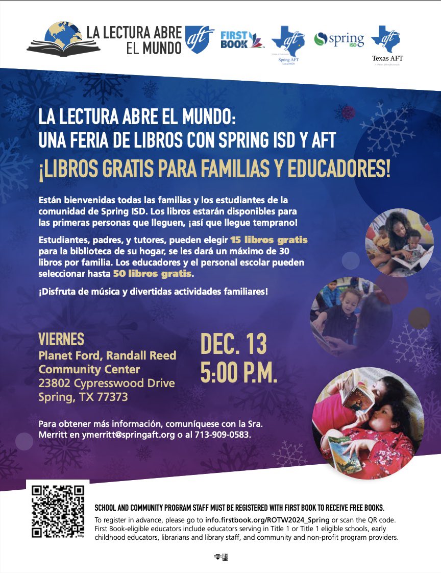 AftSpring's tweet image. Join us for a FREE Book Giveaway in partnership with Spring AFT and Spring ISD!  

Families with pre-K to 8th-grade students can select up to 15 free books, while educators can grab up to 50 free books.

#CommunityEvent #SpringISD #SpringAFT #ReadingOpensTheWorld