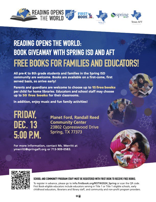 AftSpring's tweet image. Join us for a FREE Book Giveaway in partnership with Spring AFT and Spring ISD!  

Families with pre-K to 8th-grade students can select up to 15 free books, while educators can grab up to 50 free books.

#CommunityEvent #SpringISD #SpringAFT #ReadingOpensTheWorld