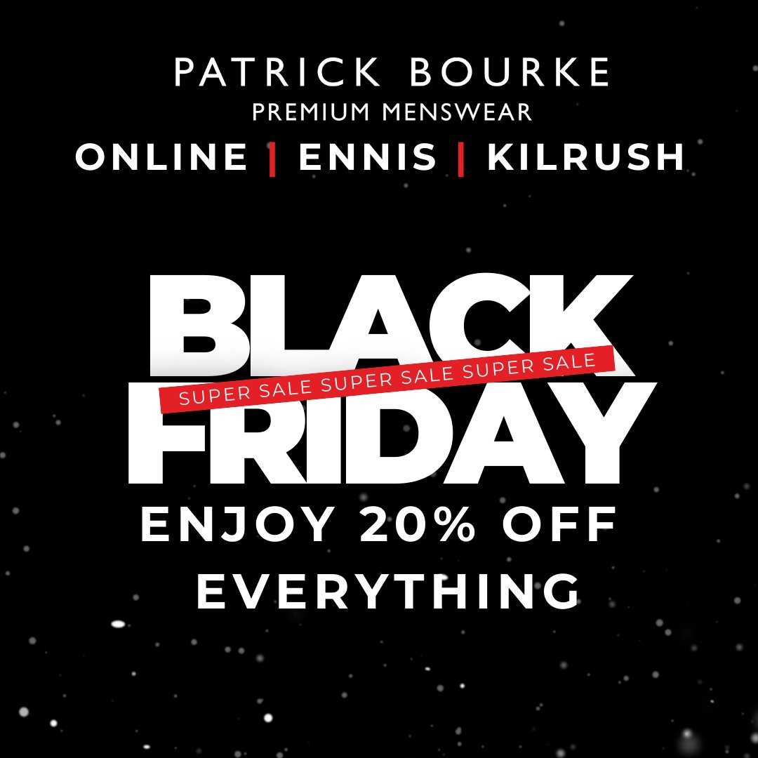 Our Black Friday Sale is here with 20% Off Everything in-store &amp; online. Don't miss out on our biggest sale of the year. patrickbourkemenswear.ie/collections/bl…

#BlackFriday #menswearblackfriday