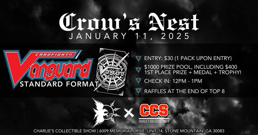 crowtrickster's tweet image. Alrighty good people, the time has come. Let's start the new year off right with another Crow's Nest $1k tournament! I have some cool commissions getting done, and I can't wait to share them. January 11th, save the date! #cardfight #vanguard