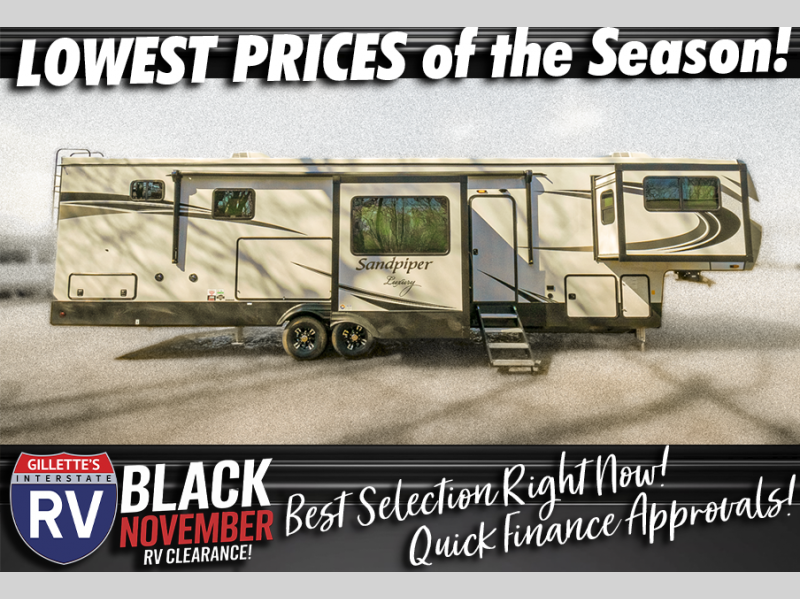 🖤 Black November Sale 🖤 Tour this 👉 rpb.li/ptB7s 2022 Forest River RV Sandpiper Luxury 391FLRB!  It has a Front Living &amp; a Dual Vanity. This beauty is 44 ft, sleeps 6, and is 13,009lbs. It can be yours today for $74,990! 🌟
#GillettesInterstateRV #Travel #RVer