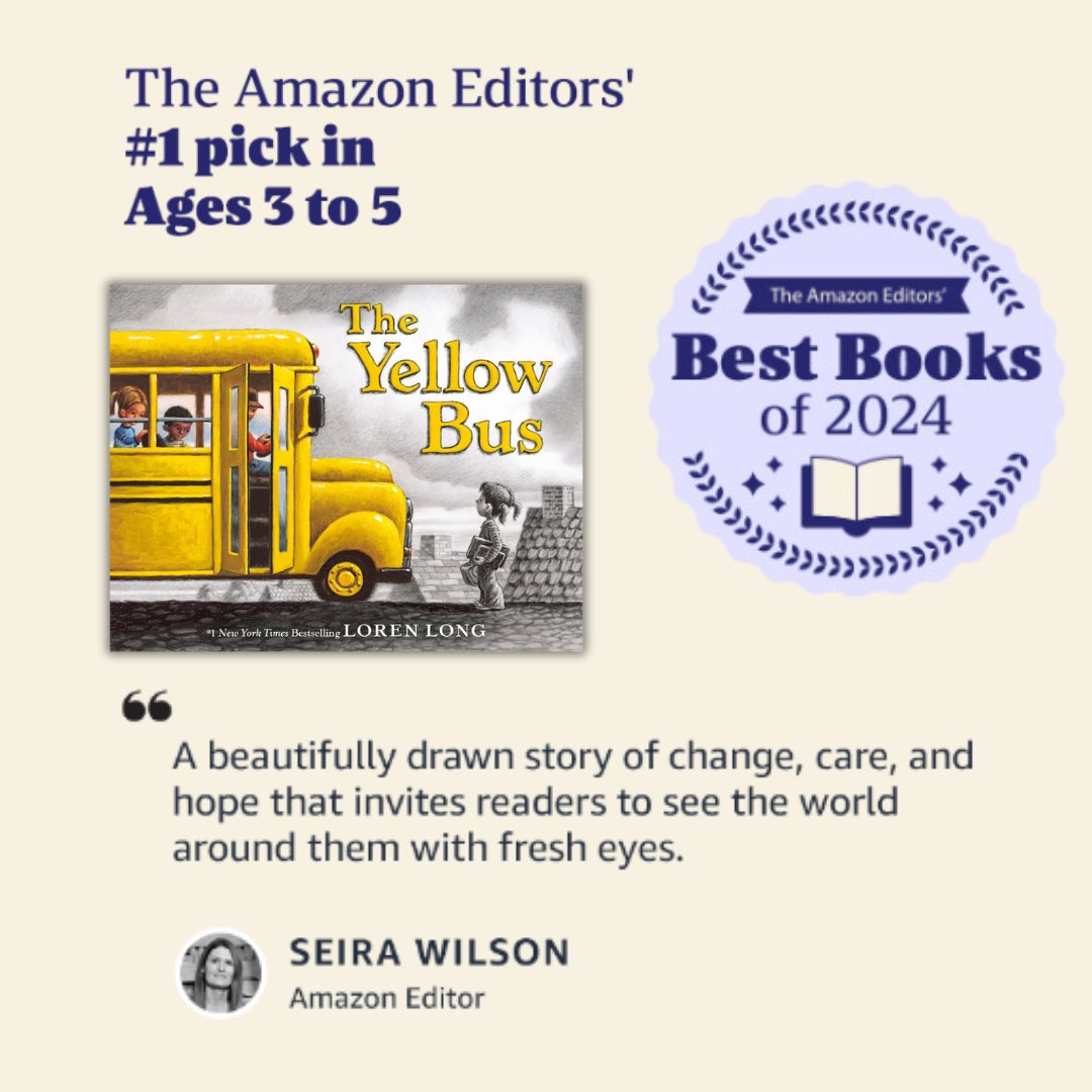 Loren Long (@lorenlong) on Twitter photo THE YELLOW BUS has been named Amazon’s #1 book of the year in 3-5 age category. And THE YELLOW BUS is included in Amazon’s Black Friday / Cyber Monday deal this week. If you haven’t already gotten a copy, now is a good time!
<a href="/MacKidsSL/">Macmillan Children's School & Library 📚</a> <a href="/MacKidsBooks/">MacKids Books</a> <a href="/amazonbooks/">Amazon Books</a> THE YELLOW BUS has been named Amazon’s #1 book of the year in 3-5 age category. And THE YELLOW BUS is included in Amazon’s Black Friday / Cyber Monday deal this week. If you haven’t already gotten a copy, now is a good time!
<a href="/MacKidsSL/">Macmillan Children's School & Library 📚</a> <a href="/MacKidsBooks/">MacKids Books</a> <a href="/amazonbooks/">Amazon Books</a>