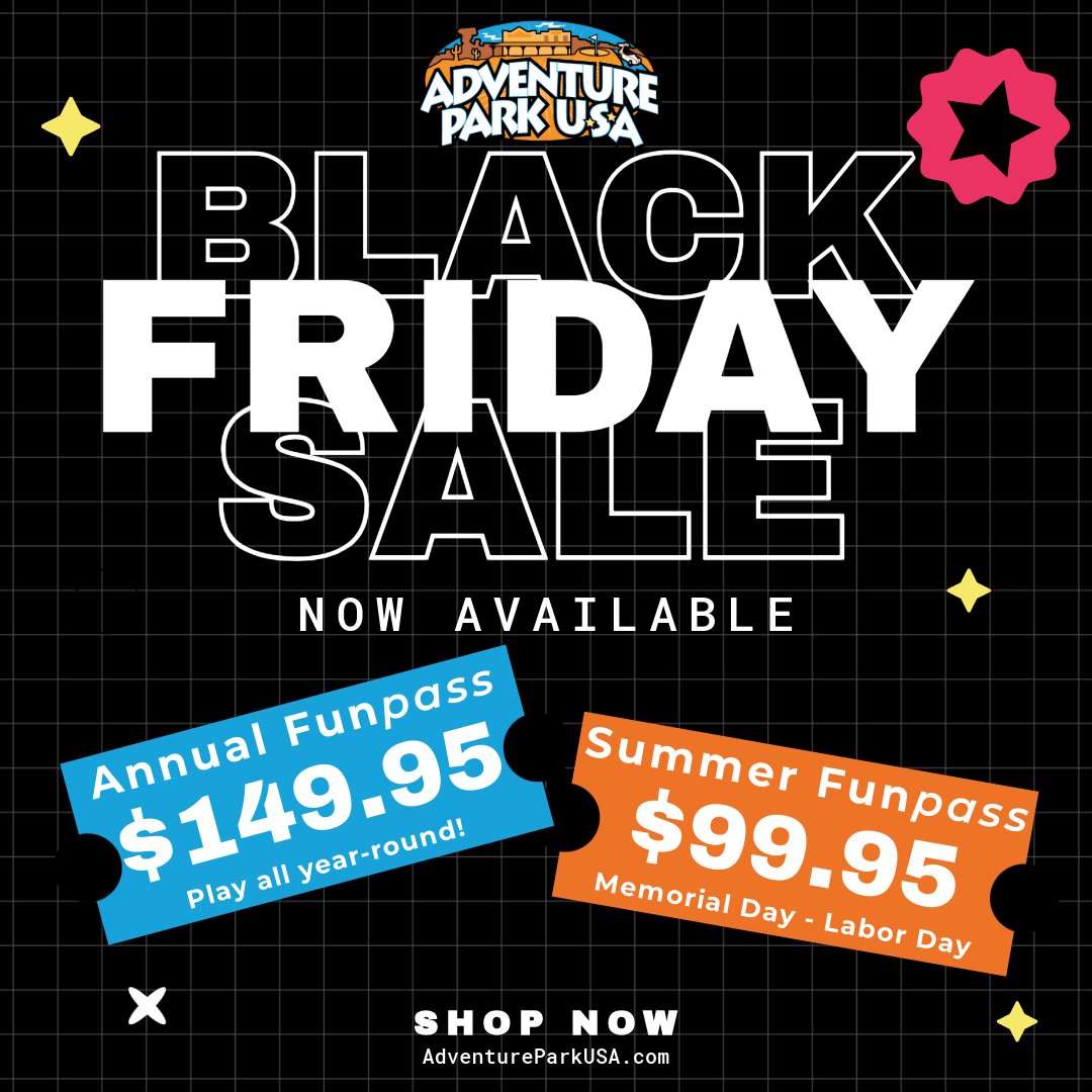 The wait is over—our much-anticipated Black Friday Sale is happening NOW! 🎁 Give the gift that keeps on giving with our amazing deals:

 Summer Pass for just $99.95
 Annual Pass for only $149.95
Hurry, this offer is available for a limited time only! 
online.adventureparkusa.com/package/Events…