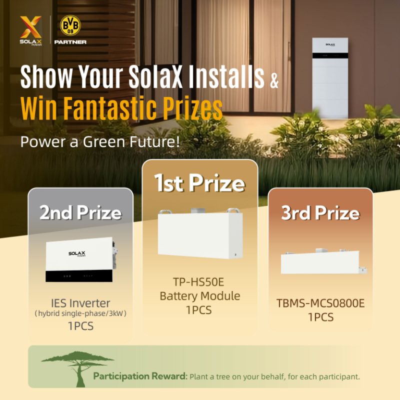 Calling all SolaXPower installers, it’s showtime
-Share your most amazing Solax installation
- LIKE andTAG Solax Power UK 
The most liked post on ALL our UK social platforms will win
1st prize -  one TP-HS50E Battery 
2nd prize - one IES Inverter 
3rd prize - one TBMS-MCS0800E