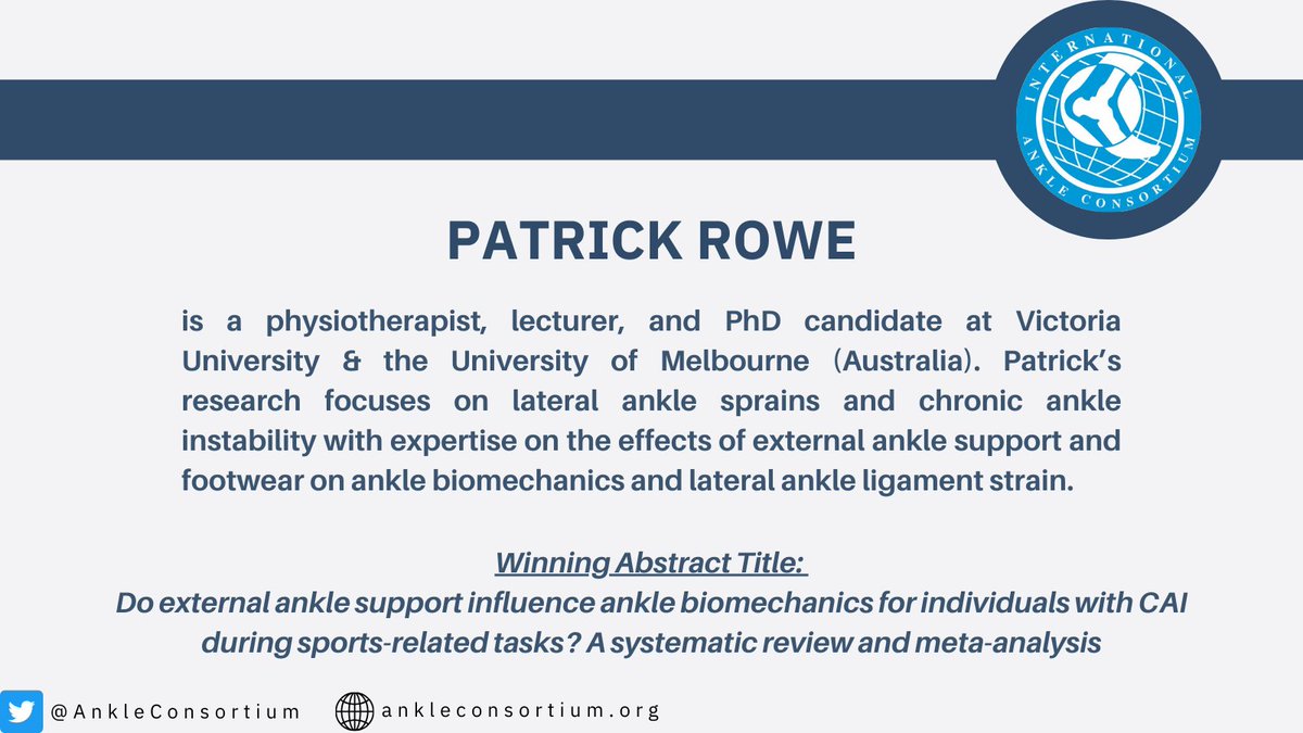 Int Ankle Consortium (@ankleconsortium) on Twitter photo ✨Over the last months of 2024, we are thrilled to highlight the Best Abstract Founder Award winners from <a href="/IAS10_2024/">IAS10_2024</a>
The first recipient we congratulate is Patrick Rowe from Victoria University & the University of Melbourne (Australia). Congrats, Patrick! 👏
<a href="/patrickrowe94/">Patrick Rowe</a> ✨Over the last months of 2024, we are thrilled to highlight the Best Abstract Founder Award winners from <a href="/IAS10_2024/">IAS10_2024</a>
The first recipient we congratulate is Patrick Rowe from Victoria University & the University of Melbourne (Australia). Congrats, Patrick! 👏
<a href="/patrickrowe94/">Patrick Rowe</a>