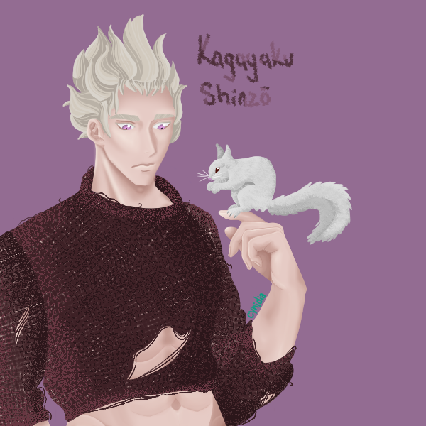 Cynidia's tweet photo. The most recent thing I have finished, I have like 10 unfinished WIPs. Meet Kagayaku Shinzō; and his pet squirrel Gabriella who has leucism. https://t.co/vzGw8vV3yo