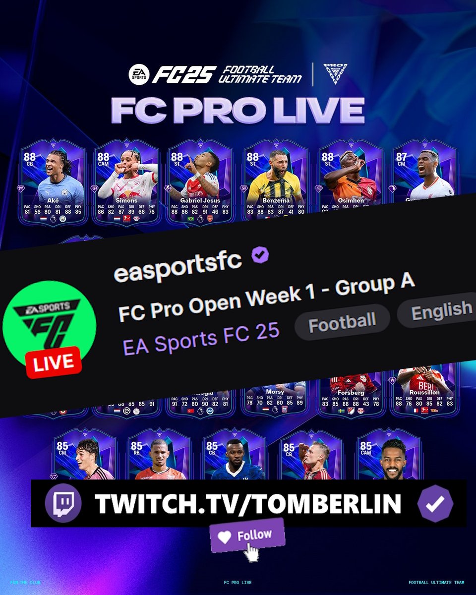 TomberlinGaming's tweet image. 🔥 FC Pro Open Week 1 ⚽ Denkt an eure Belohnungen! Eine Stunde zuschauen bringt euch ein 50K-Pack 🎁 Und wenn ihr ohnehin grade auf Twitch seid, lasst mir gerne ein Follow da 👉 twitch.tv/tomberlin 💜 Die Veranstaltung läuft seit 19:00 Uhr (MEZ) 

#fcproopen #tomberlin #FC25