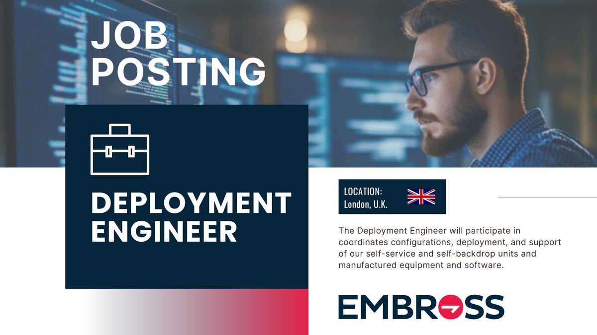 EmbrossKiosk's tweet photo. 🇬🇧 New Job Posting!

Embross is seeking a Deployment Engineer who will work within a delivery team to install software and hardware to new or existing Embross client solutions.

Apply today! ⬇️
https://t.co/me0HDknT73 

#engineer #airports #airlines #deployments #engineer https://t.co/RTnzipD1M0