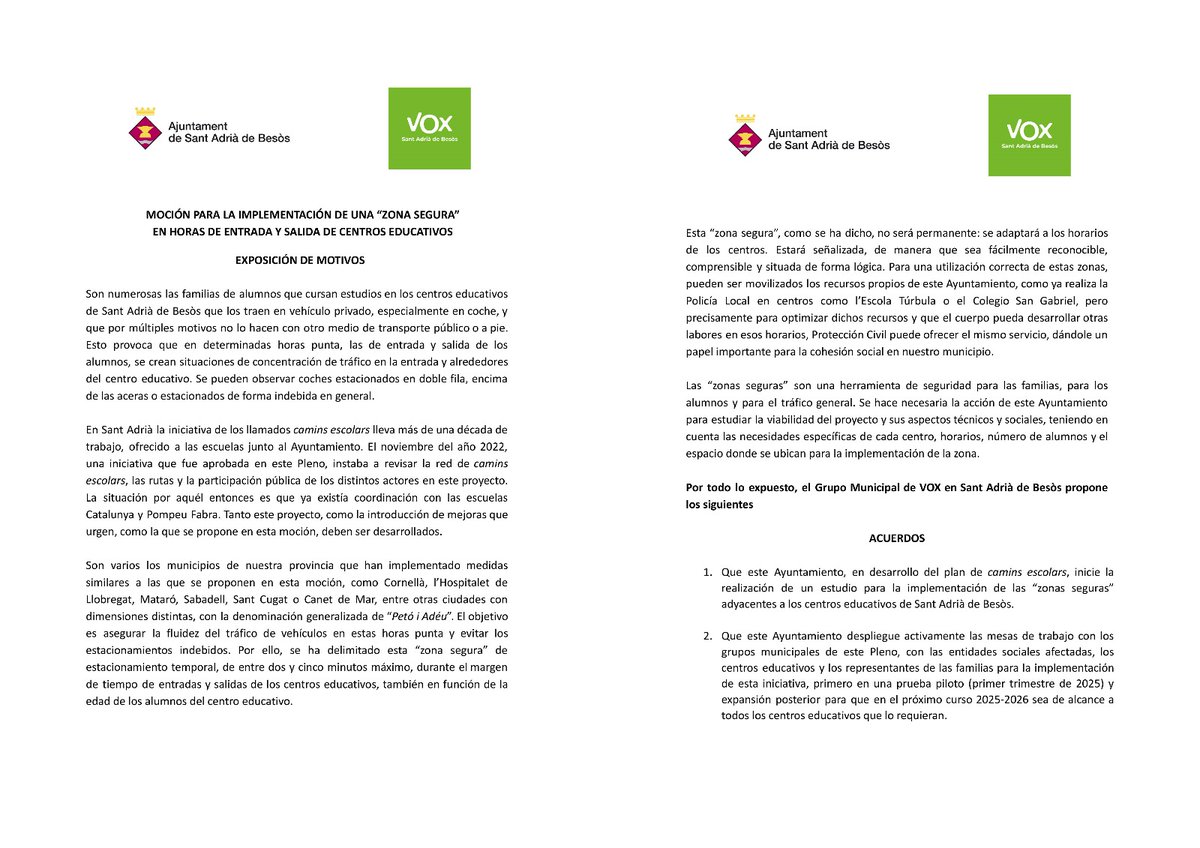 voxsantadria's tweet photo. @erc_santadria APROBADA ✅ la moción de VOX para implementar zonas seguras ("petó i adéu") en los centros educativos de #SantAdriàDeBesòs 🏫🚗
Queremos que los padres puedan parar con seguridad cerca del cole de dos a cinco minutos para despedirse o recoger a sus hijos con seguridad #PleSAB https://t.co/JBEXs3kz3F