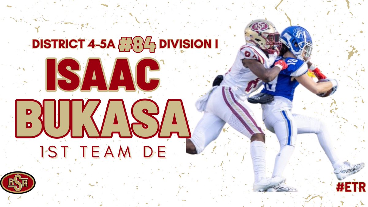 Congratulations to 1st Team All-District 4-5A Div. I DE, Isaac Bukasa!

▫️62 tackles (33 solo)
▫️20 TFL
▫️5 sacks
▫️14 hurries
▫️3 FF
▫️1 Def TD

#ETR