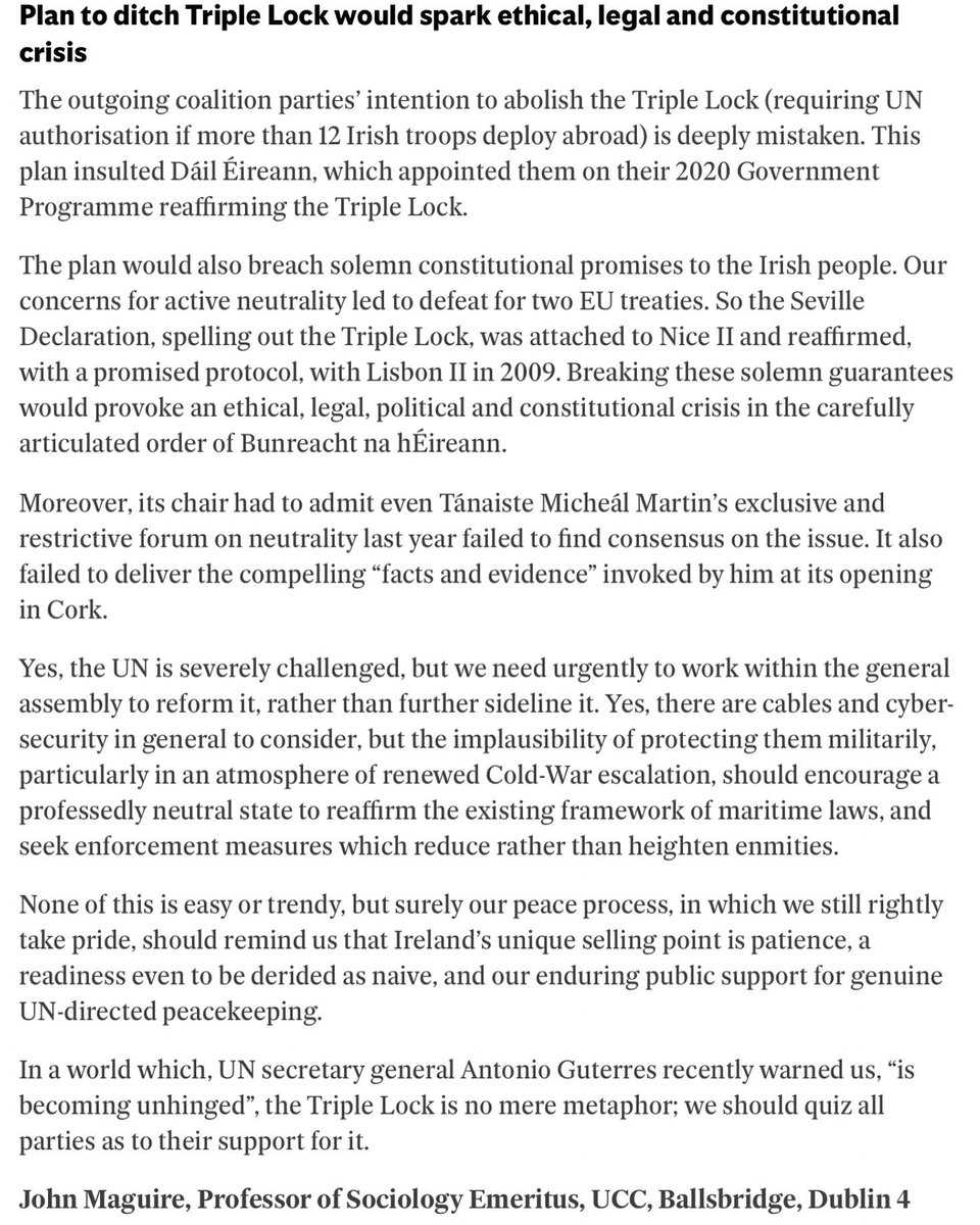 SToP Ireland (@stopirel) on Twitter photo Check out the letter in the <a href="/IrishIndependRX/">The Irish Independent</a> on the importance of the Triple Lock by John Maguire, a member of StoP and Professor of Sociology, Emeritus, UCC.
Vote for Peace, Neutrality, and to Protect the Triple Lock in the upcoming election!
#ProtecttheTripleLock Check out the letter in the <a href="/IrishIndependRX/">The Irish Independent</a> on the importance of the Triple Lock by John Maguire, a member of StoP and Professor of Sociology, Emeritus, UCC.
Vote for Peace, Neutrality, and to Protect the Triple Lock in the upcoming election!
#ProtecttheTripleLock