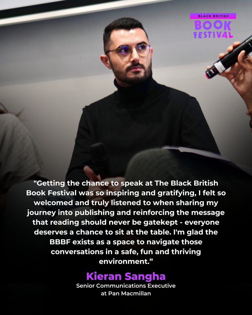 BBBookFestival's tweet photo. "Reading should never be gatekept - everyone deserves a chance to sit at the table." - @Kieran_Sangha speaking about the opportunities presented by the Black British Book Festival for equal chance to experience the joy of literature✨📚
#BBBF
#BlackBritishBookFestival https://t.co/kovbQVi5nm