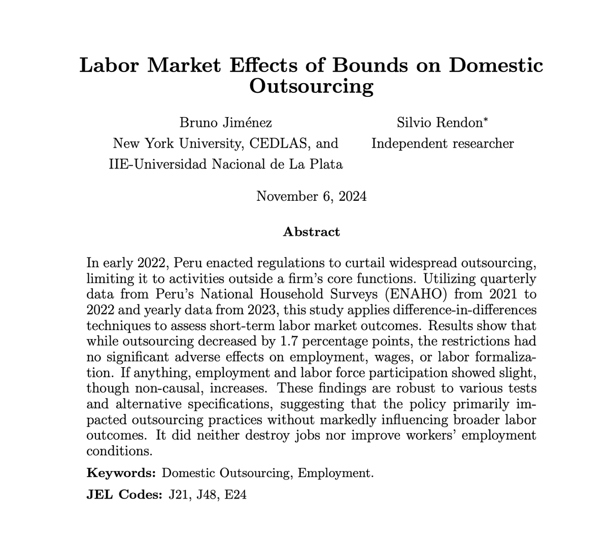 Bruno Jimenez (@brunoj1206) on Twitter photo EN: Thrilled to announce that my paper with <a href="/SilvioRRendon/">Silvio Rendon</a> , "Labor Market Effects of Bounds on Domestic Outsourcing," has been accepted in the Journal of Development Economics! sciencedirect.com/science/articl… EN: Thrilled to announce that my paper with <a href="/SilvioRRendon/">Silvio Rendon</a> , "Labor Market Effects of Bounds on Domestic Outsourcing," has been accepted in the Journal of Development Economics! sciencedirect.com/science/articl…